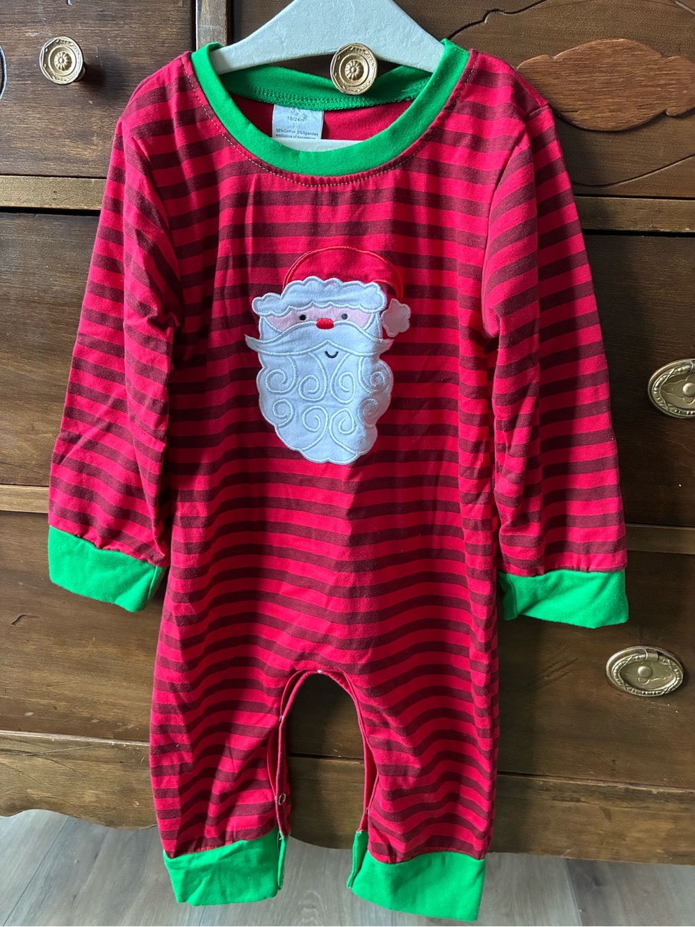 Red Striped Santa Holiday Baby Romper with Green Trim